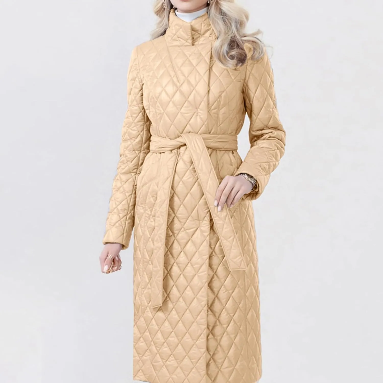 2023 Womens Down Jackets Long Quilted Lightweight Puffer Coat Windproof Warm Winter Jacket Trendy Casual Outerwear With Belt