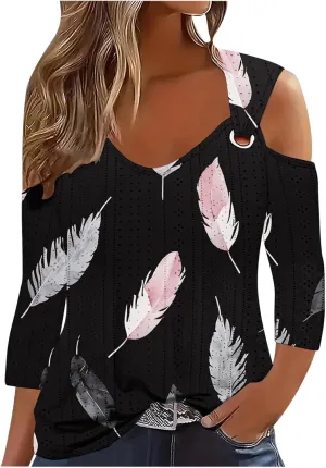 3/4 Length Sleeve Womens Cold Shoulder Tops Trendy Hollow Out Eyelet Shirts Plus Size Casual Beach Vacation Tee Blouse