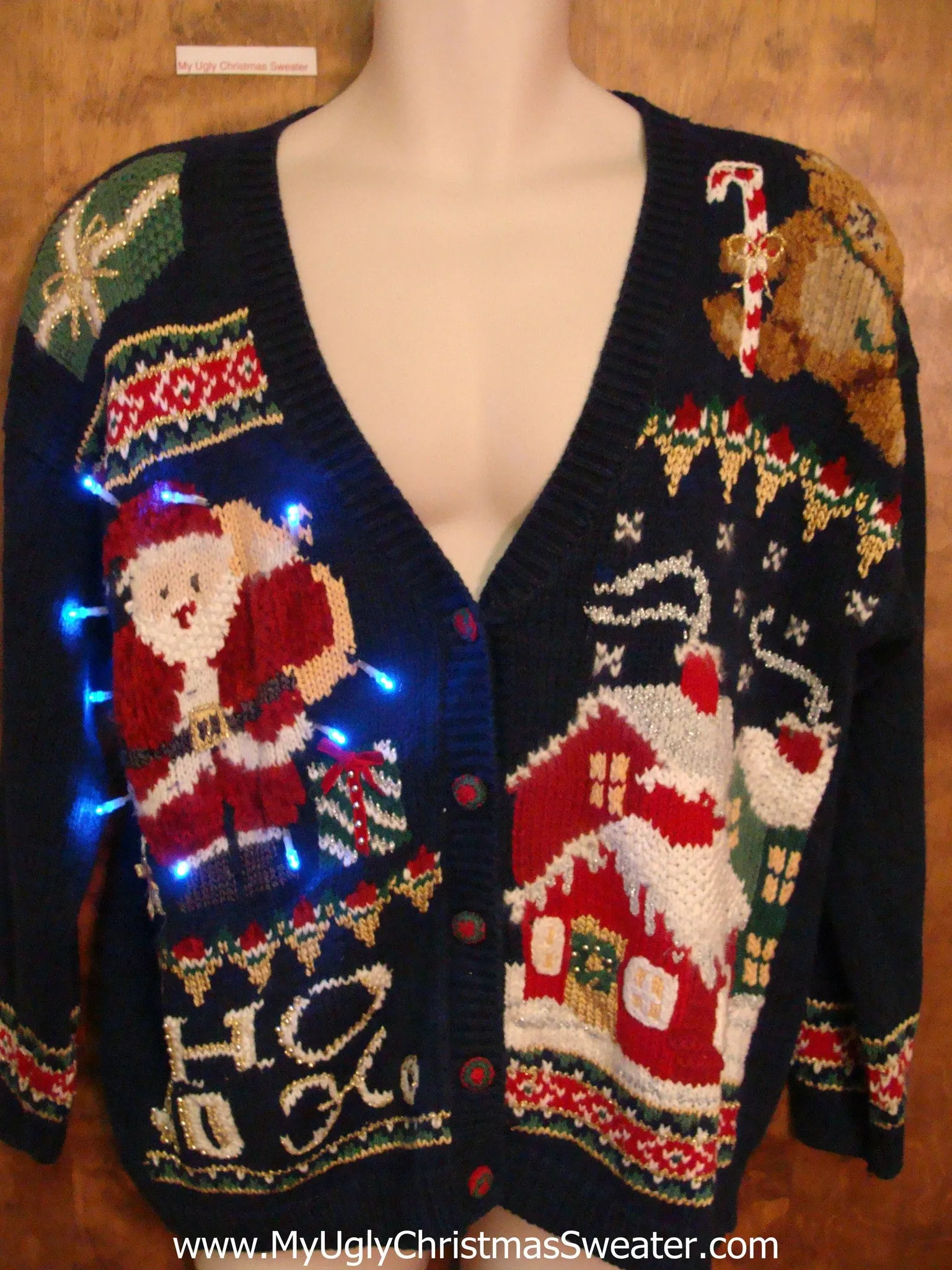 80s Retro HoHoHo Ugly Christmas Sweater with Lights