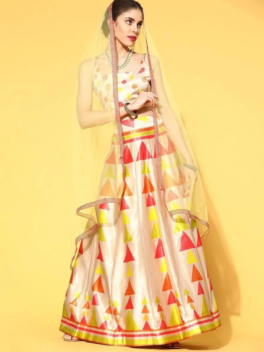 Beige and Neon Lehenga with Dupatta and Blouse