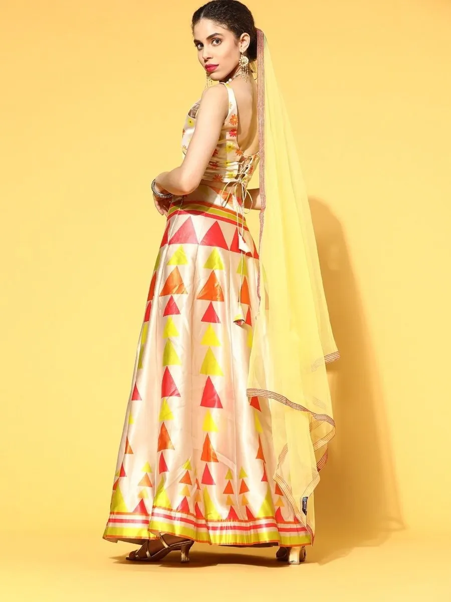 Beige and Neon Lehenga with Dupatta and Blouse
