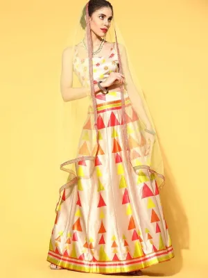 Beige and Neon Lehenga with Dupatta and Blouse