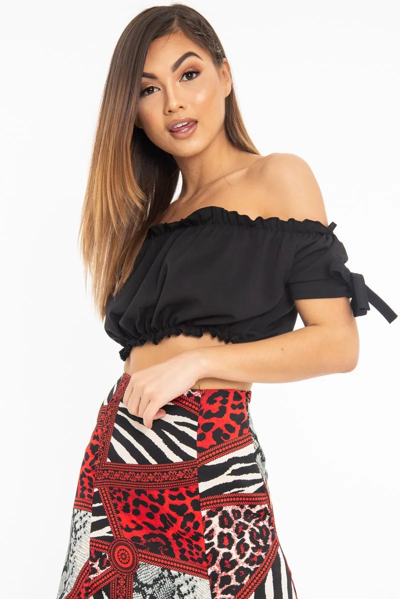 Black Ruched Bardot Gypsy Crop Top - Janette