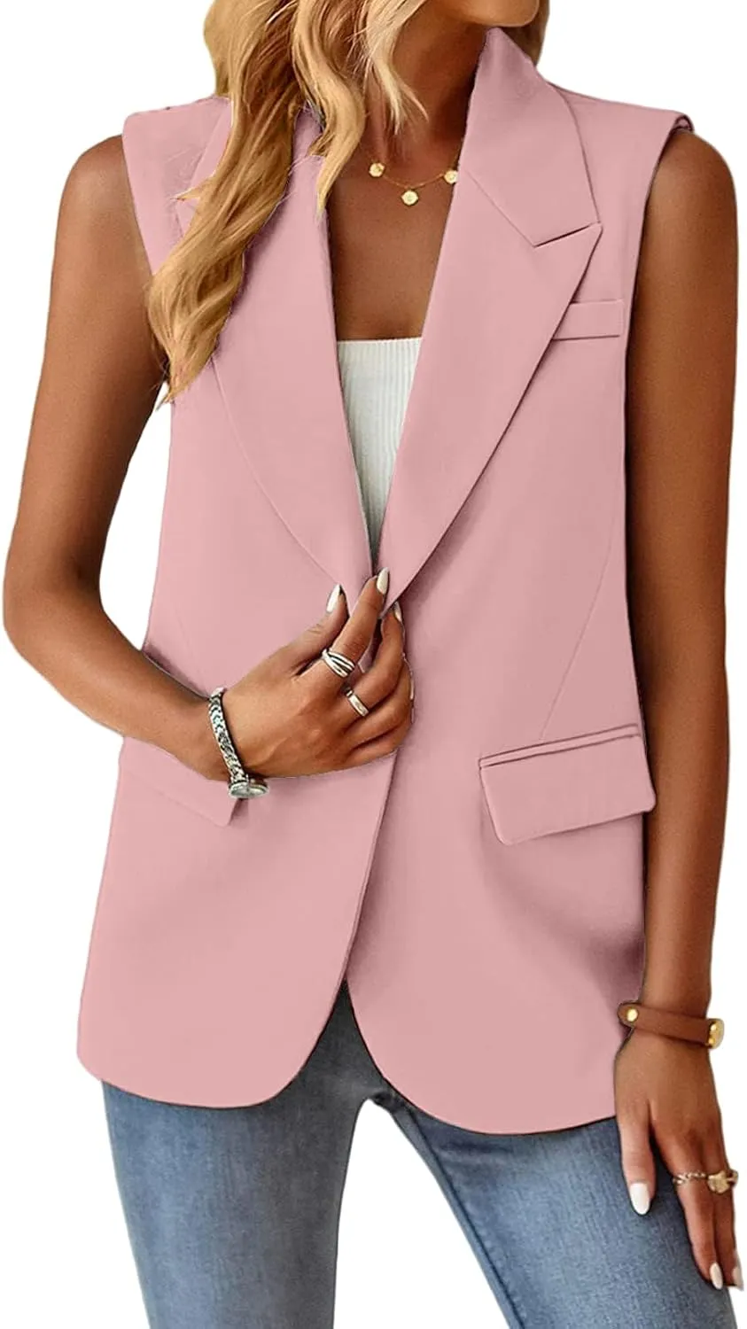 Blazer Vest for Women Sleeveless Vest Tops Open Front Casual Blazer Single Button Work Office Suit Jacket Waistcoat