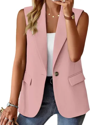 Blazer Vest for Women Sleeveless Vest Tops Open Front Casual Blazer Single Button Work Office Suit Jacket Waistcoat