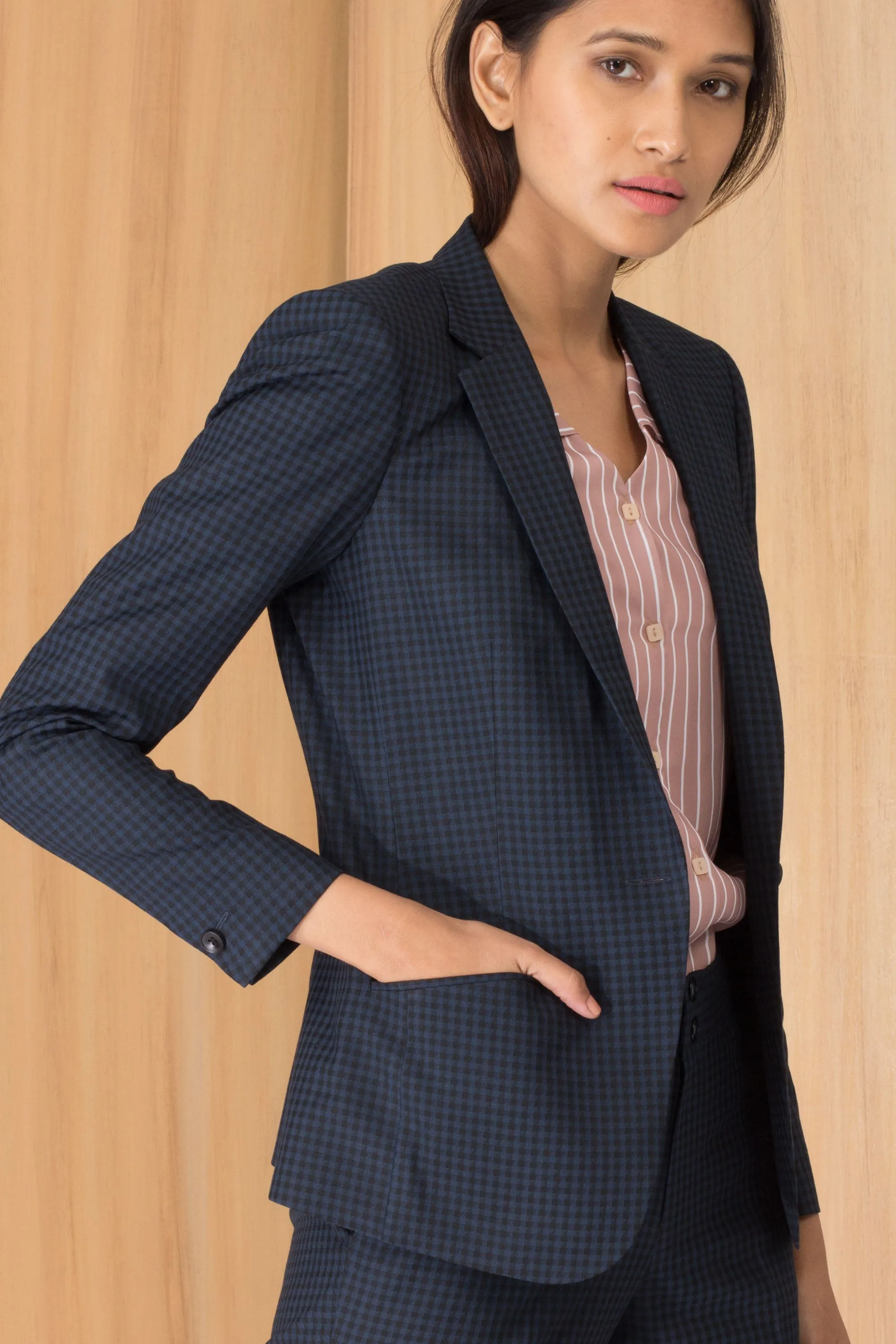 Blue Houndstooth Plaid Blazer with Trousers