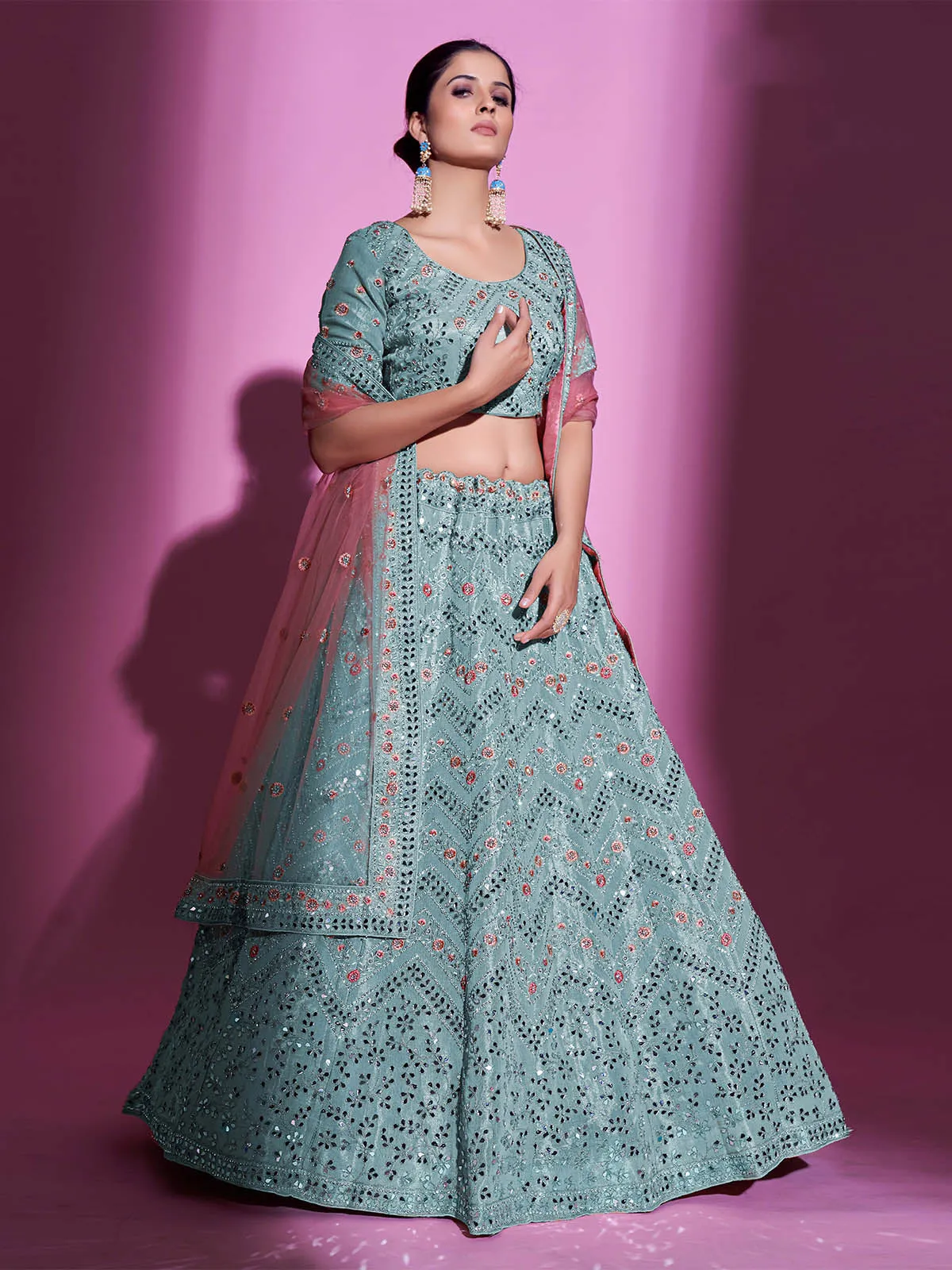 Blue Silk Blend Embroidered Semi Stitched Lehenga With Unstitched Blouse