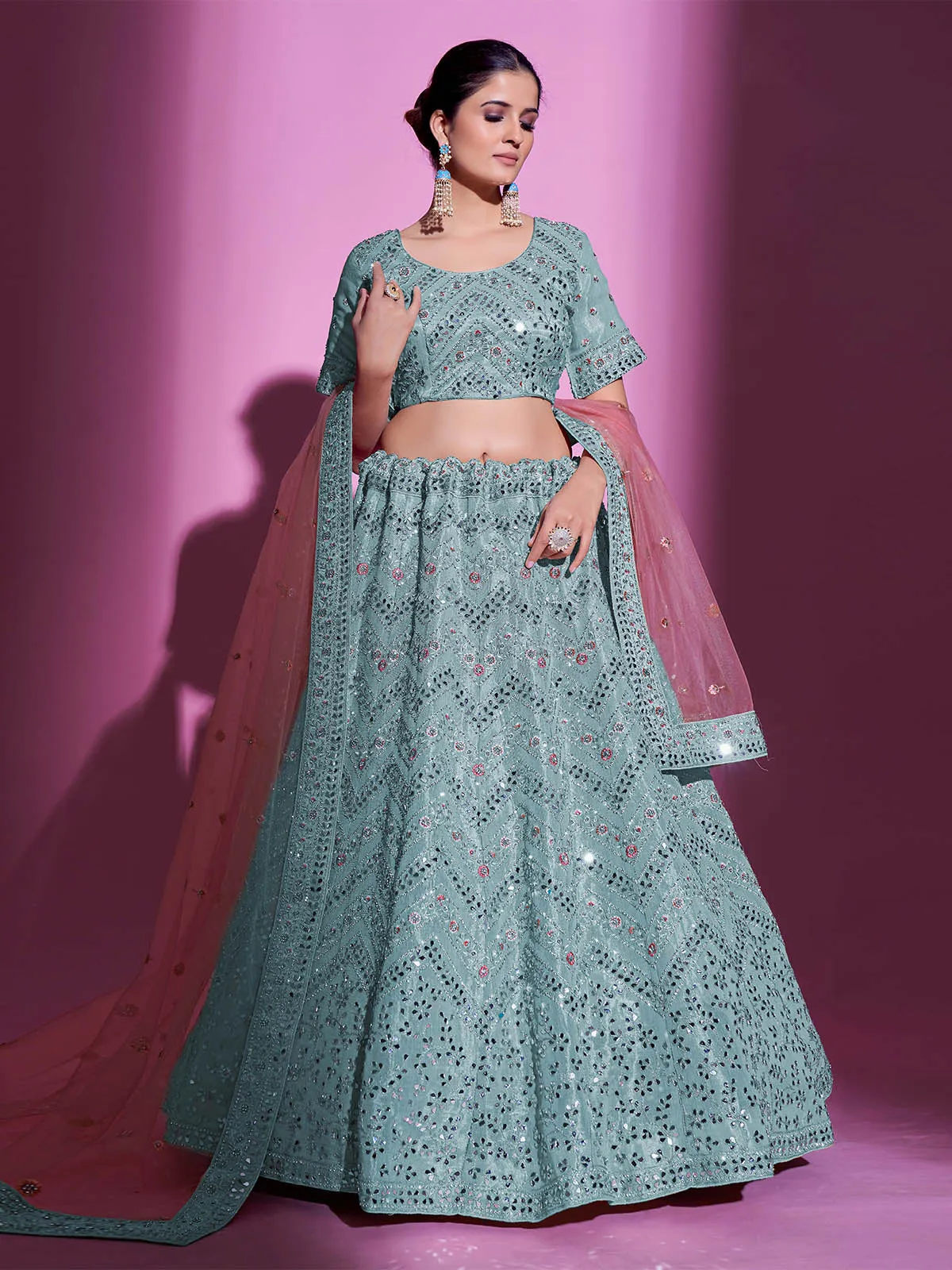 Blue Silk Blend Embroidered Semi Stitched Lehenga With Unstitched Blouse