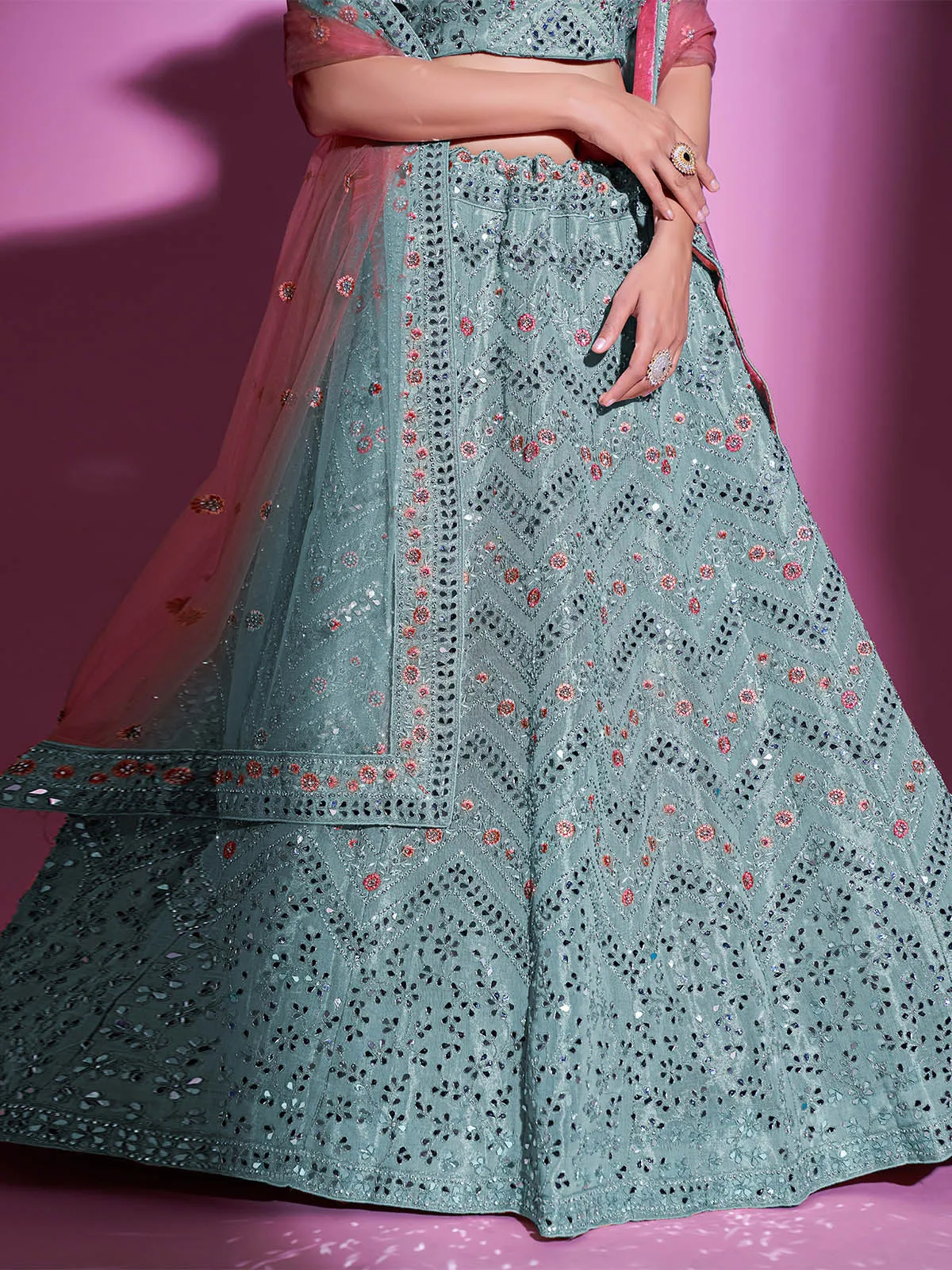 Blue Silk Blend Embroidered Semi Stitched Lehenga With Unstitched Blouse