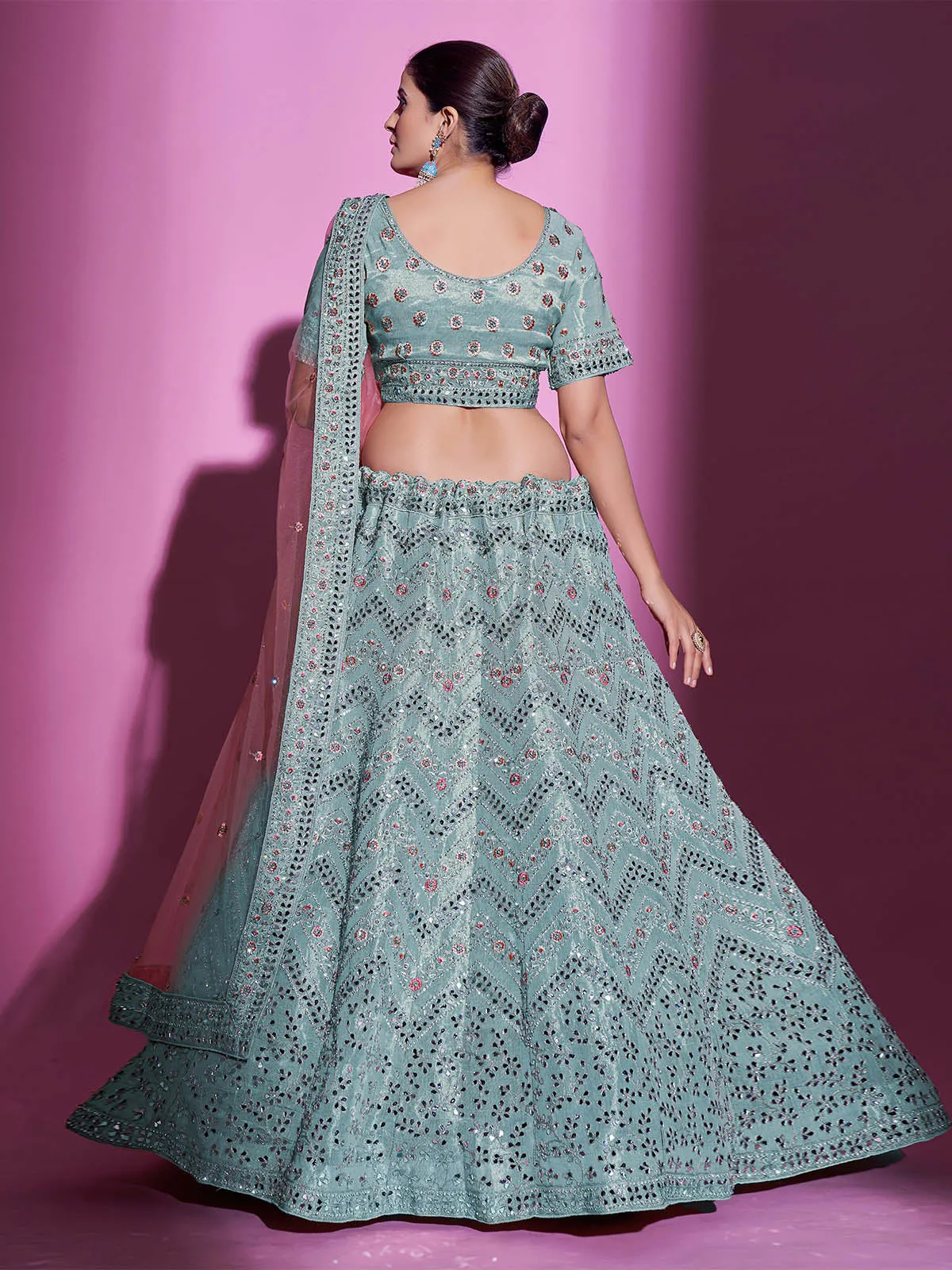 Blue Silk Blend Embroidered Semi Stitched Lehenga With Unstitched Blouse
