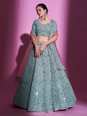 Blue Silk Blend Embroidered Semi Stitched Lehenga With Unstitched Blouse