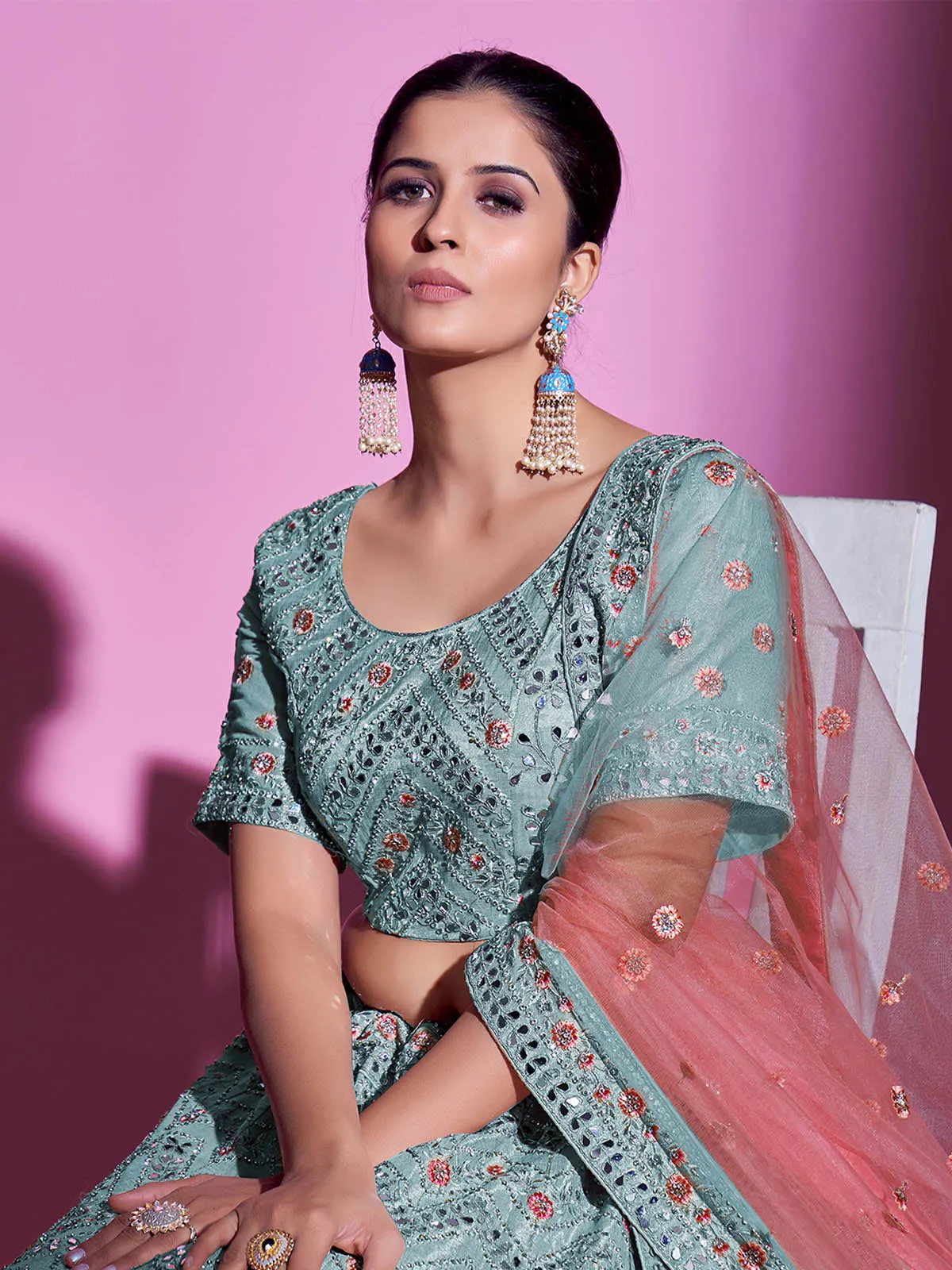 Blue Silk Blend Embroidered Semi Stitched Lehenga With Unstitched Blouse