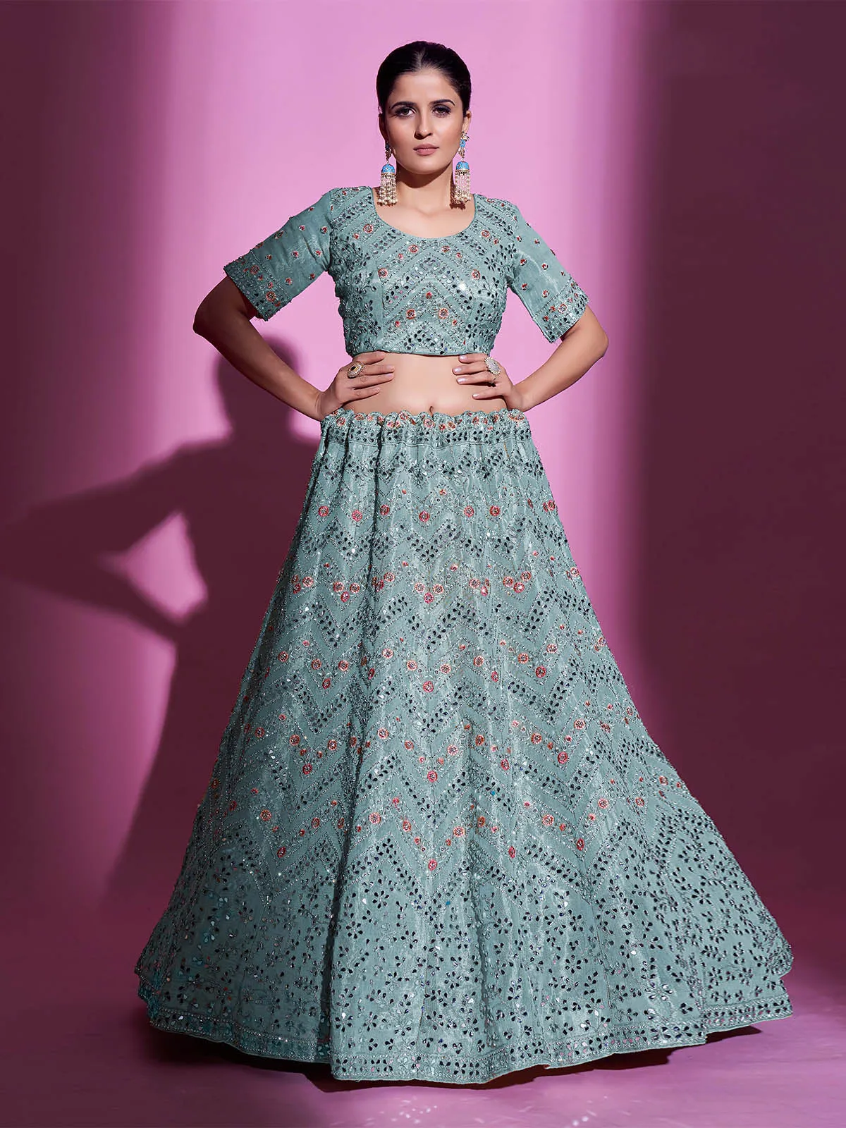 Blue Silk Blend Embroidered Semi Stitched Lehenga With Unstitched Blouse