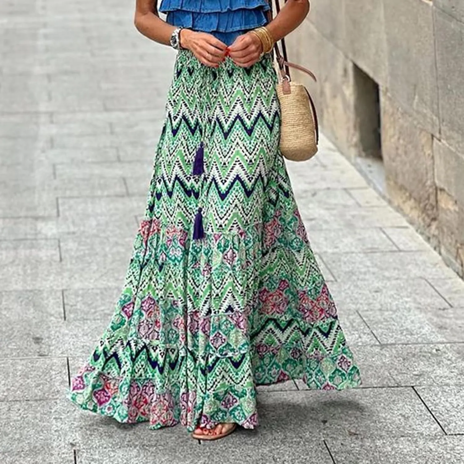Boho Skirts for Women Fashion Floral Elastic High Waist Tiered Ruffle Hem Maxi Skirt Summer Flowy A Line Beach Skirt