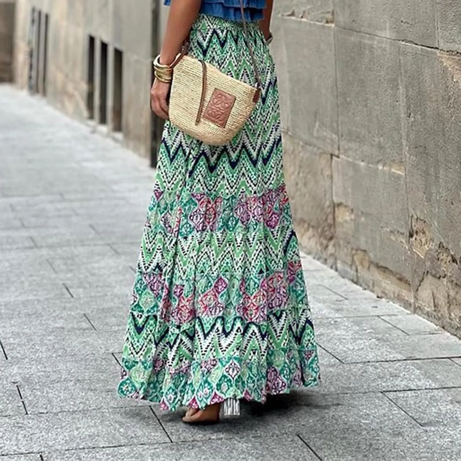 Boho Skirts for Women Fashion Floral Elastic High Waist Tiered Ruffle Hem Maxi Skirt Summer Flowy A Line Beach Skirt