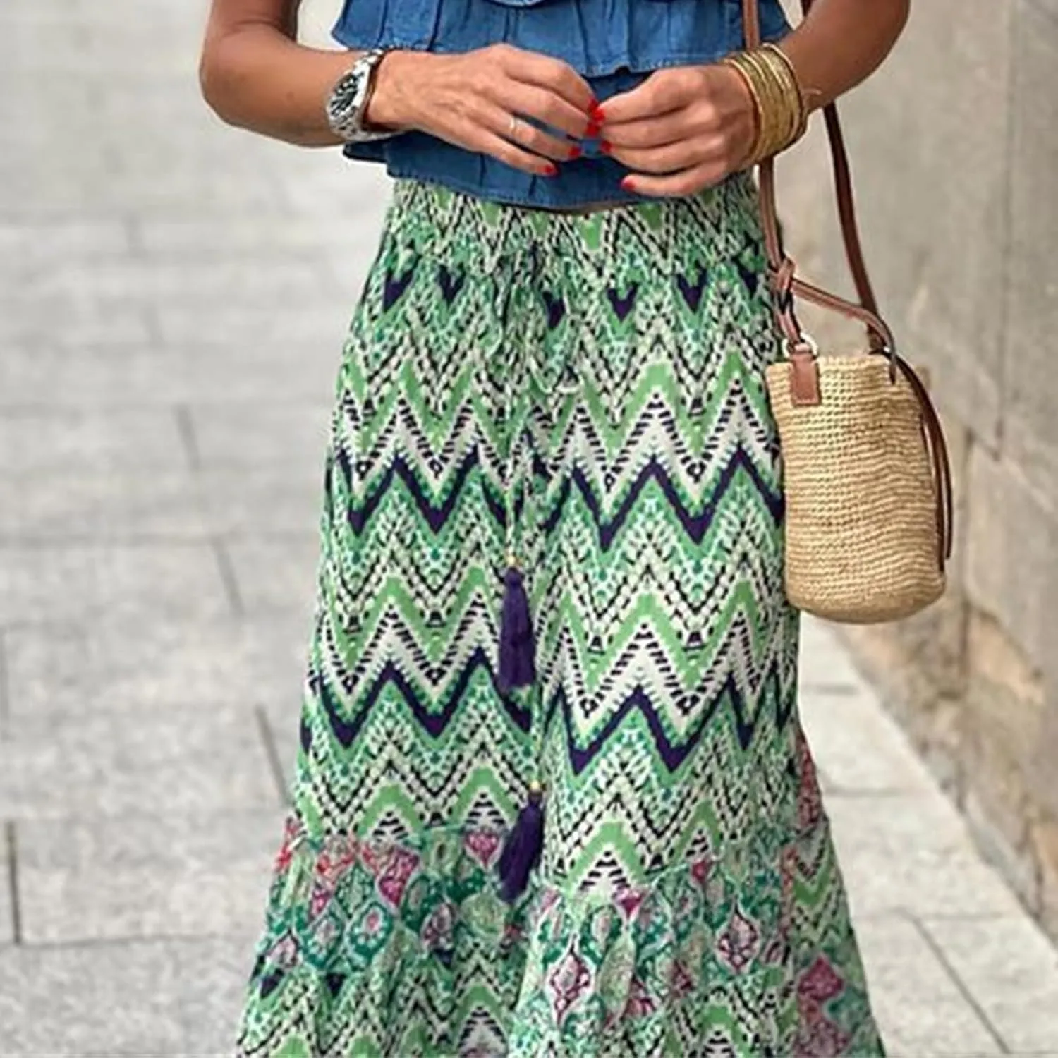 Boho Skirts for Women Fashion Floral Elastic High Waist Tiered Ruffle Hem Maxi Skirt Summer Flowy A Line Beach Skirt