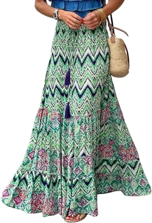 Boho Skirts for Women Fashion Floral Elastic High Waist Tiered Ruffle Hem Maxi Skirt Summer Flowy A Line Beach Skirt