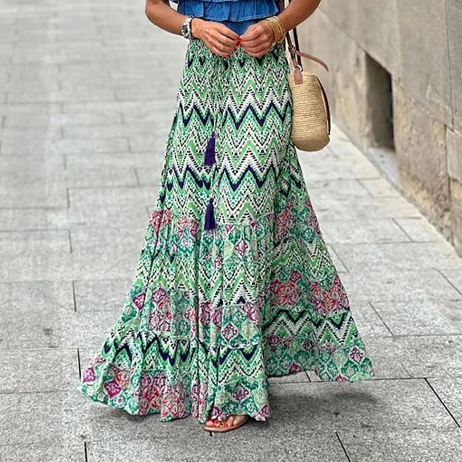Boho Skirts for Women Fashion Floral Elastic High Waist Tiered Ruffle Hem Maxi Skirt Summer Flowy A Line Beach Skirt
