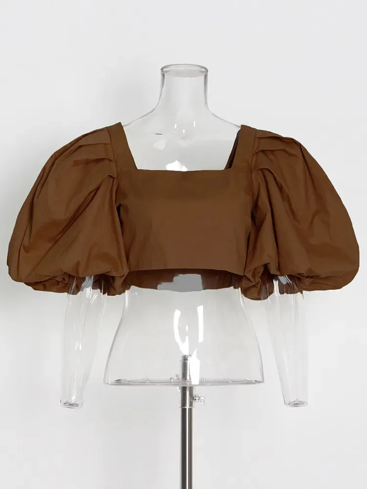 Casual Loose Shirt For Women Square Collar Puff Sleeve Solid Minimalist Blouses Female Summer Clothing Style