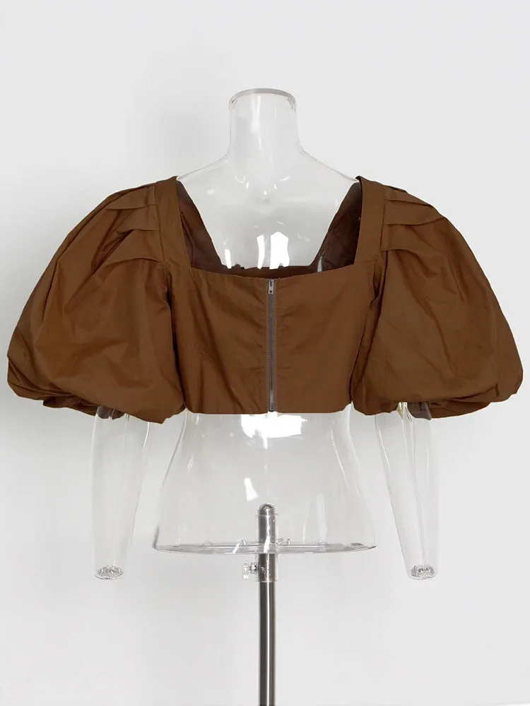 Casual Loose Shirt For Women Square Collar Puff Sleeve Solid Minimalist Blouses Female Summer Clothing Style