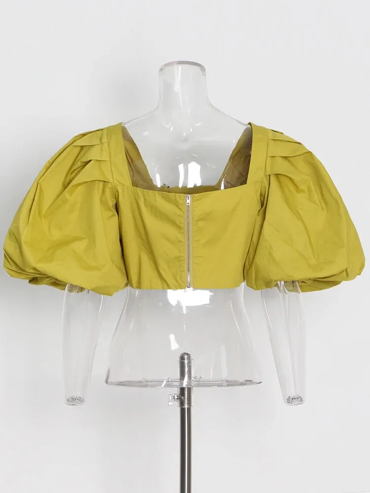 Casual Loose Shirt For Women Square Collar Puff Sleeve Solid Minimalist Blouses Female Summer Clothing Style