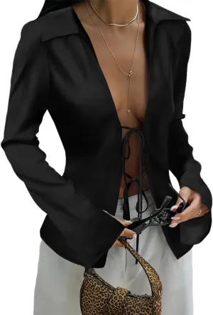 Cicy Bell Womens Sexy Tie Front Satin Shirts Deep V Neck Silk Club Tops Long Sleeve Y2k Going Out Blouse
