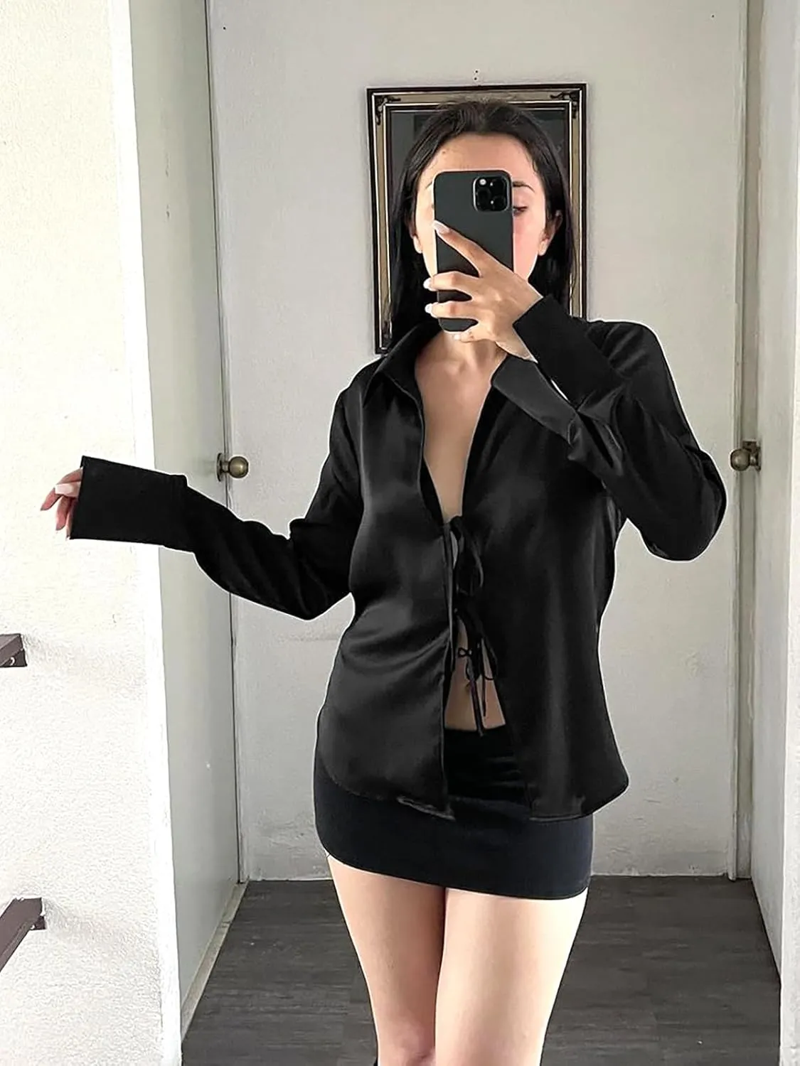 Cicy Bell Womens Sexy Tie Front Satin Shirts Deep V Neck Silk Club Tops Long Sleeve Y2k Going Out Blouse