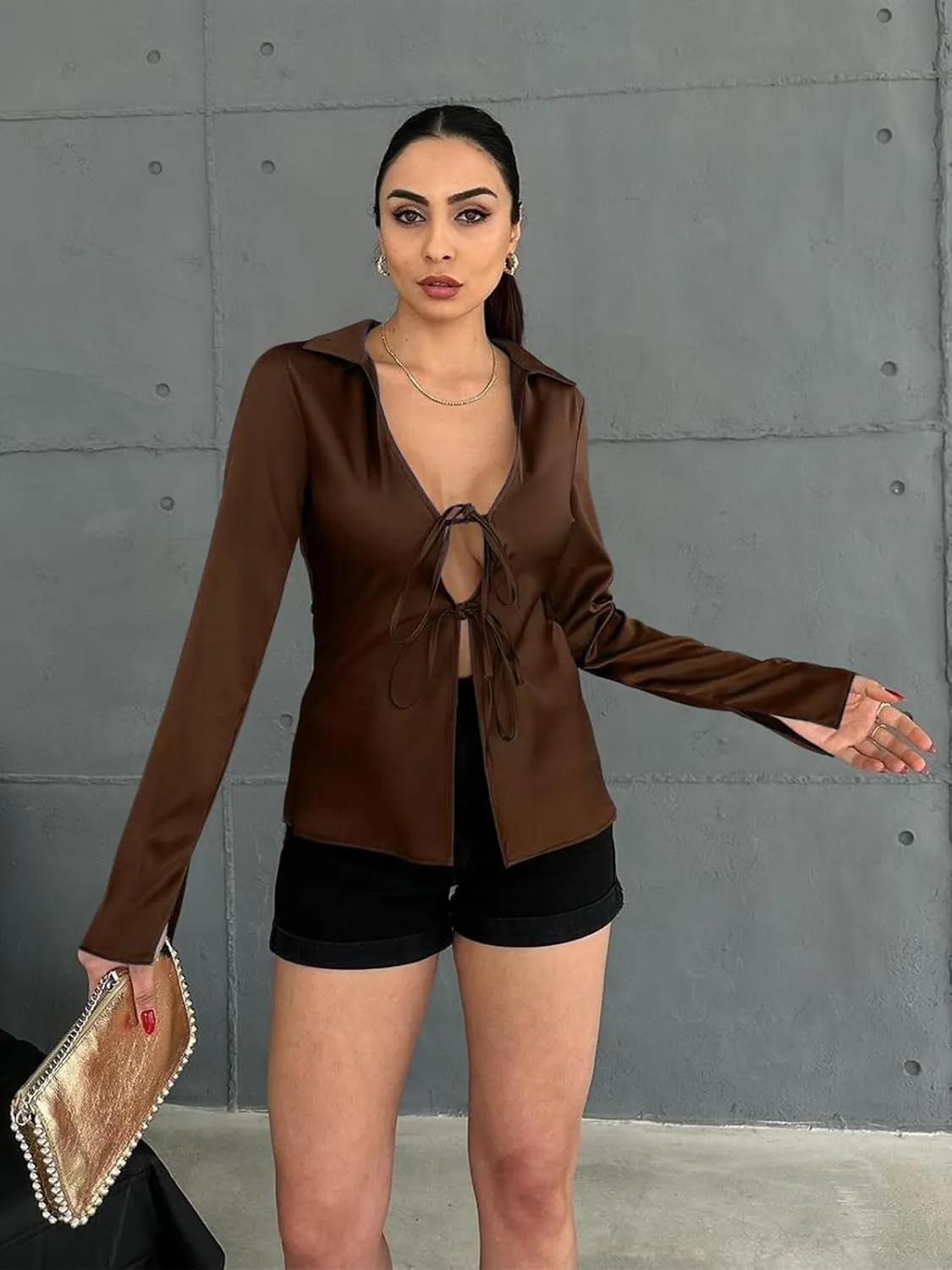 Cicy Bell Womens Sexy Tie Front Satin Shirts Deep V Neck Silk Club Tops Long Sleeve Y2k Going Out Blouse