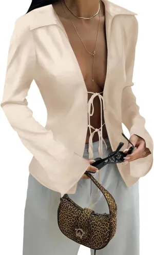 Cicy Bell Womens Sexy Tie Front Satin Shirts Deep V Neck Silk Club Tops Long Sleeve Y2k Going Out Blouse