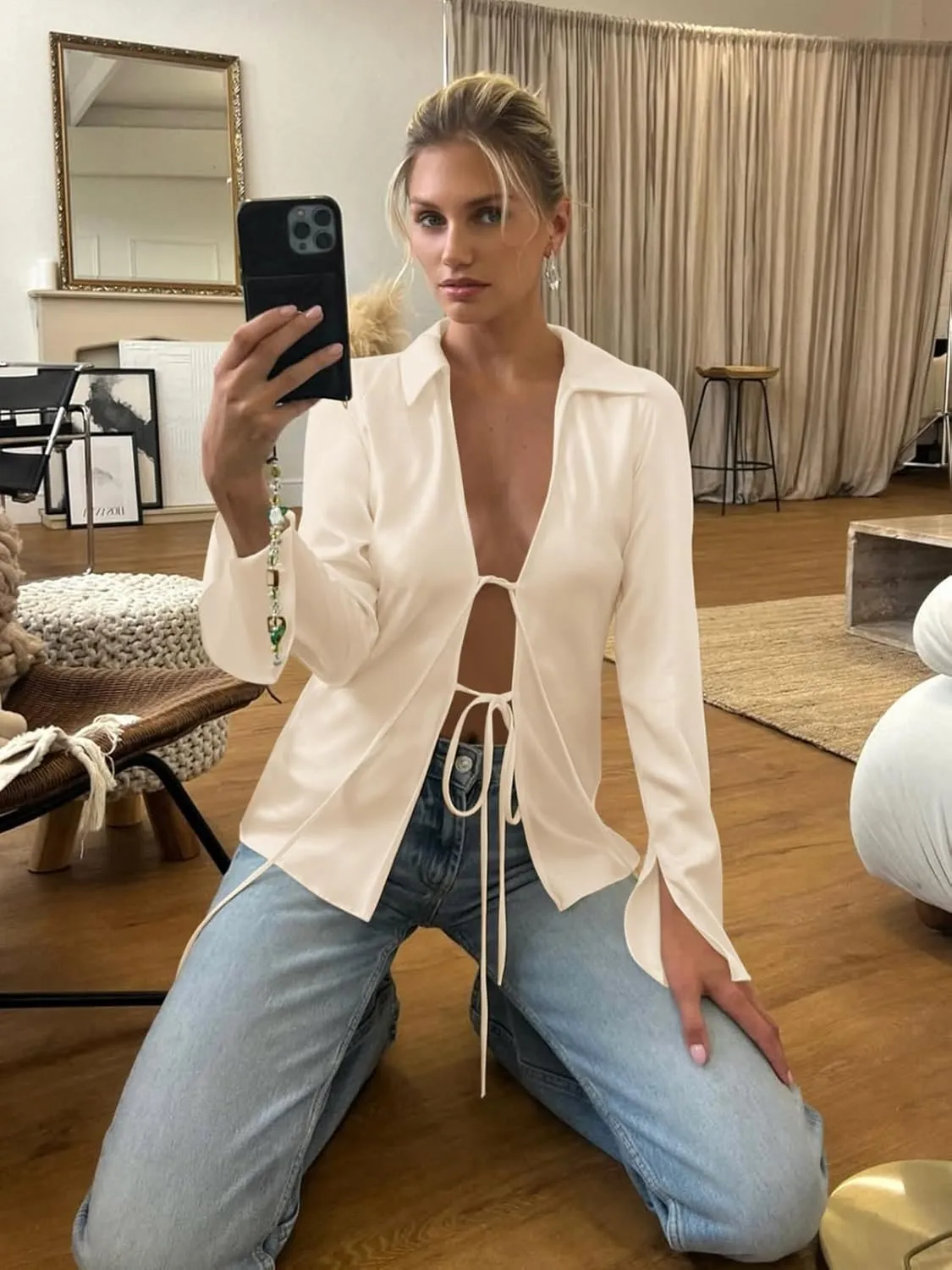 Cicy Bell Womens Sexy Tie Front Satin Shirts Deep V Neck Silk Club Tops Long Sleeve Y2k Going Out Blouse
