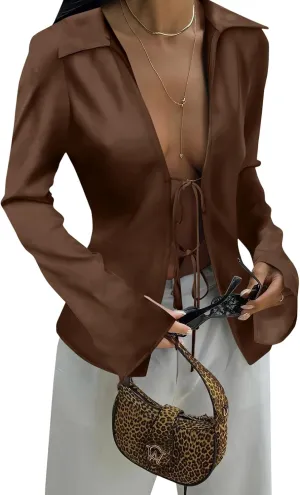 Cicy Bell Womens Sexy Tie Front Satin Shirts Deep V Neck Silk Club Tops Long Sleeve Y2k Going Out Blouse