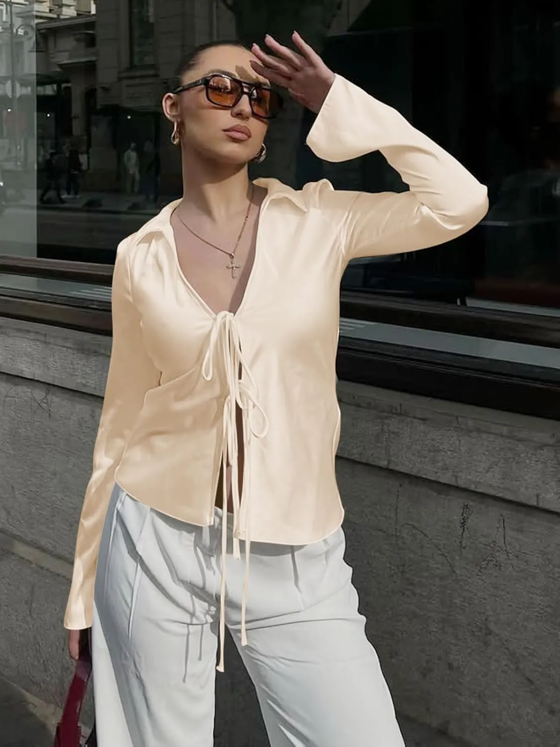 Cicy Bell Womens Sexy Tie Front Satin Shirts Deep V Neck Silk Club Tops Long Sleeve Y2k Going Out Blouse