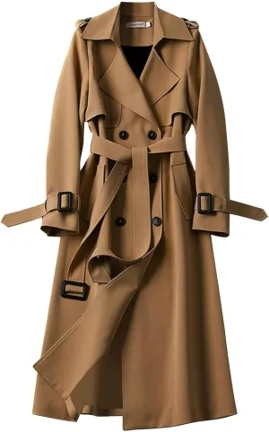 Classic Lapel Overcoat with Belt Midi Length Overcoat Overcoat Outerwear with Belt Pea Coats for Women Light Weight