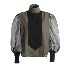 Colorblock Patchwork Sheer Mesh Casual Blouses For Women Turtleneck Lantern Sleeve Temperament Loose Shirts Female Fashion