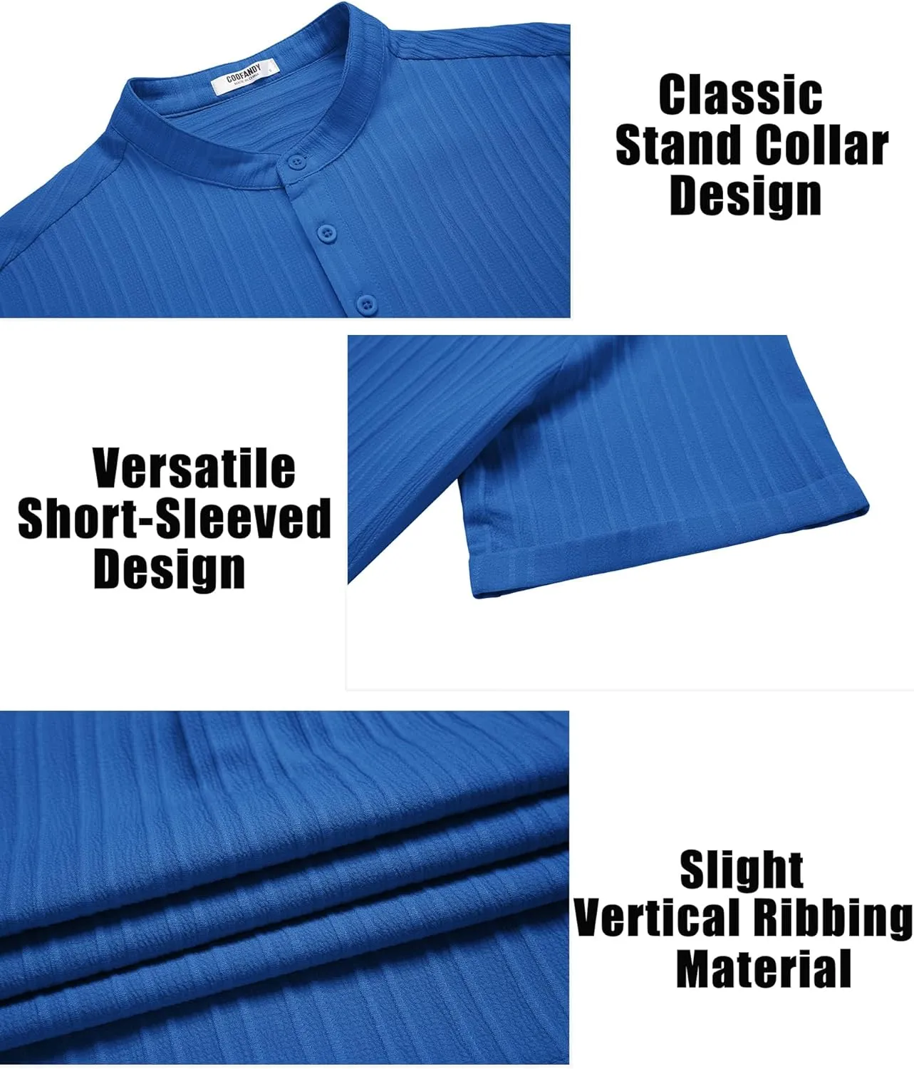 COOFANDY Men Casual Henley Tee Shirt Short Sleeve Band Collar Summer Beach Textured T-Shirt