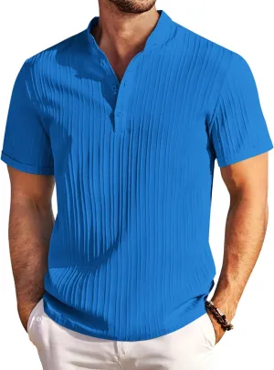COOFANDY Men Casual Henley Tee Shirt Short Sleeve Band Collar Summer Beach Textured T-Shirt