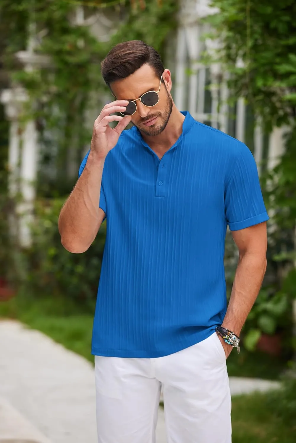 COOFANDY Men Casual Henley Tee Shirt Short Sleeve Band Collar Summer Beach Textured T-Shirt