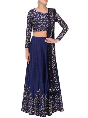 Dark Blue Art Silk Embroidered Semi Stitched Lehenga With Unstitched Blouse