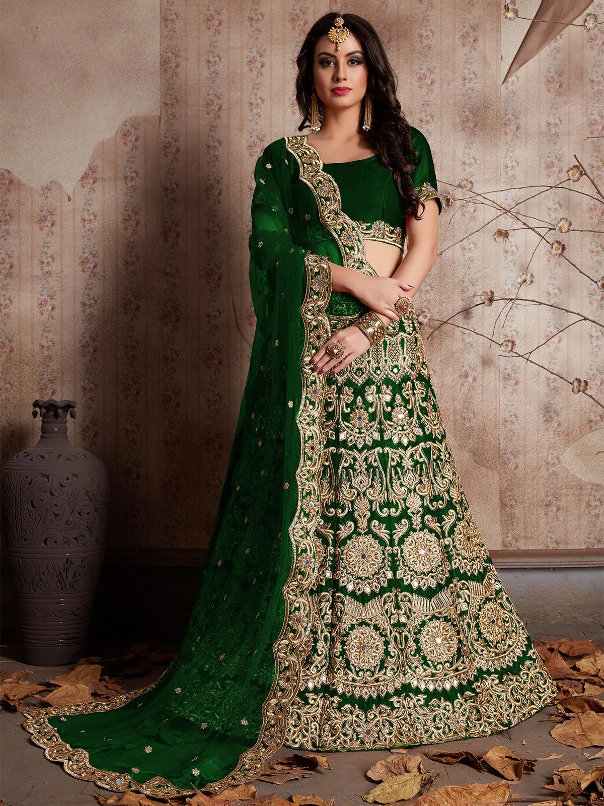 Dark Green Embroidered Semi Stitched Lehenga With Unstitched Blouse