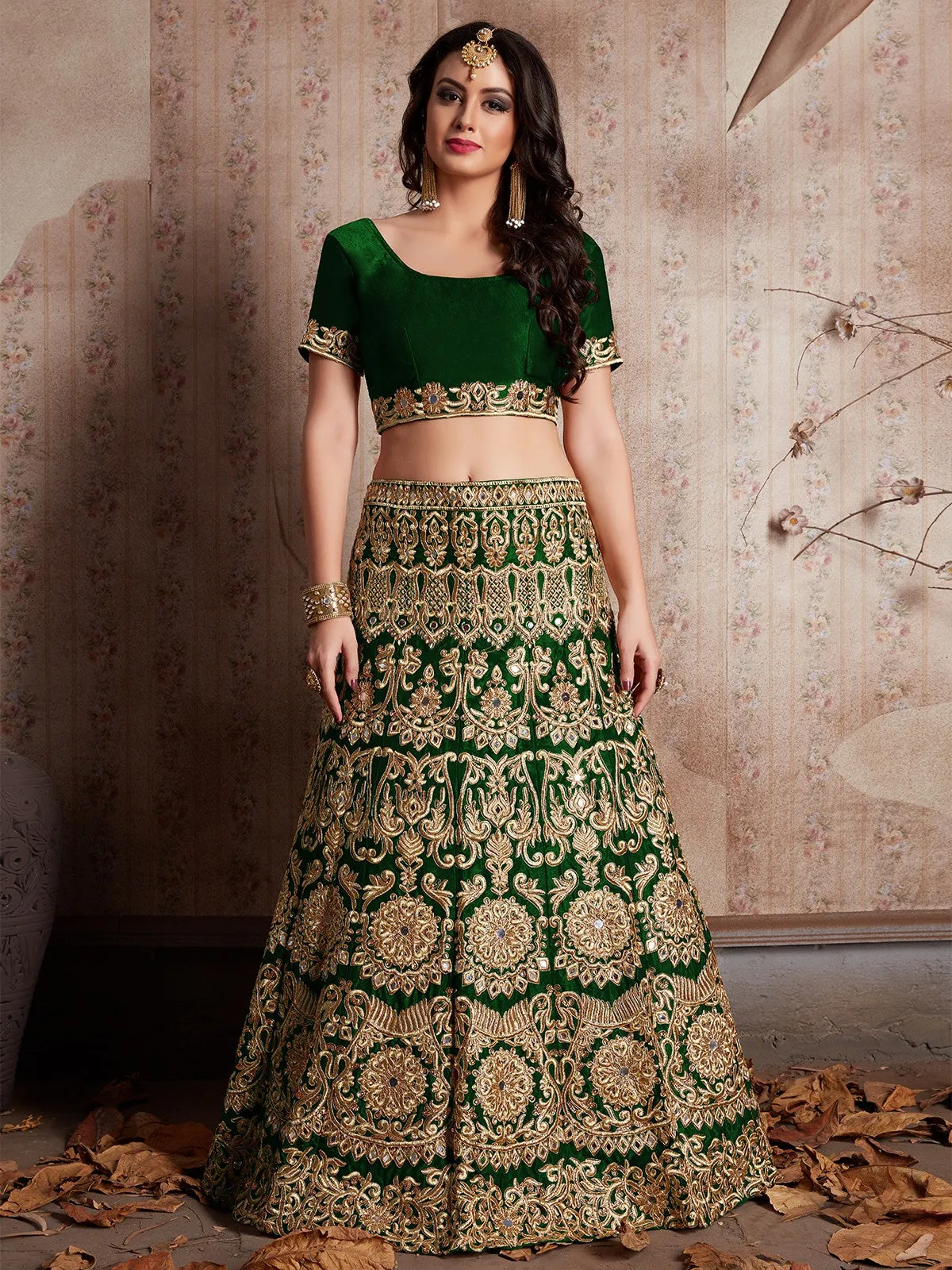 Dark Green Embroidered Semi Stitched Lehenga With Unstitched Blouse