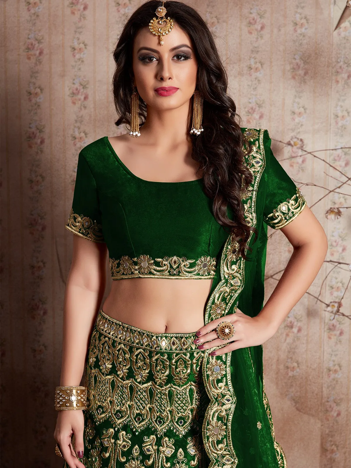 Dark Green Embroidered Semi Stitched Lehenga With Unstitched Blouse
