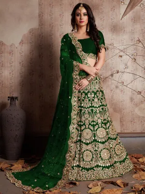 Dark Green Embroidered Semi Stitched Lehenga With Unstitched Blouse