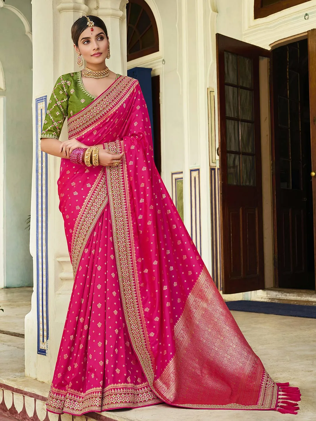 Designer Pink & Olive Green Banarasi Silk Saree For Women