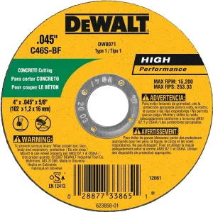 DeWALT DW8071 Cutting Wheel, 4 in Dia, 0.045 in Thick, 5/8 in Arbor, Medium, Silicone Carbide Abrasive :EA: QUANTITY: 25