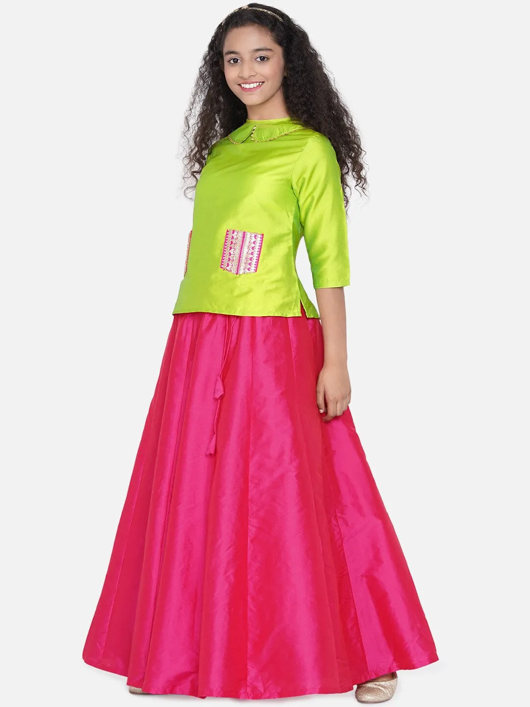Girl's Green & Pink Embellished Ready to Wear Lehenga Choli - NOZ2TOZ KIDS
