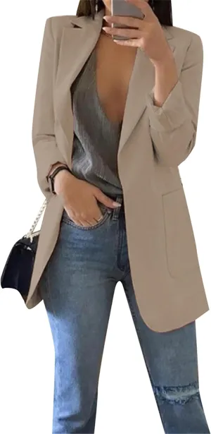 GORIFE Women Long Sleeve Lapel Blazers Jacket Loose Work Office Blazers Coat with Pockets