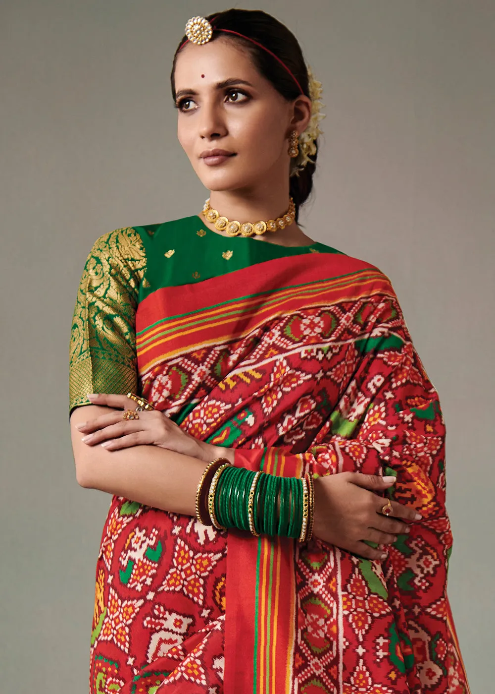 Green & Red Patola Printed Tussar Silk Saree