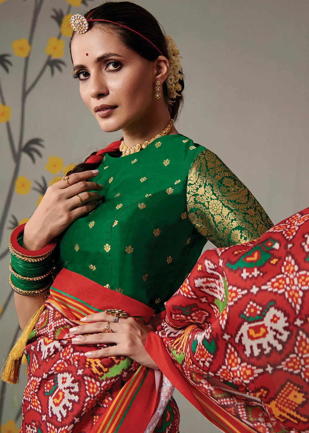Green & Red Patola Printed Tussar Silk Saree