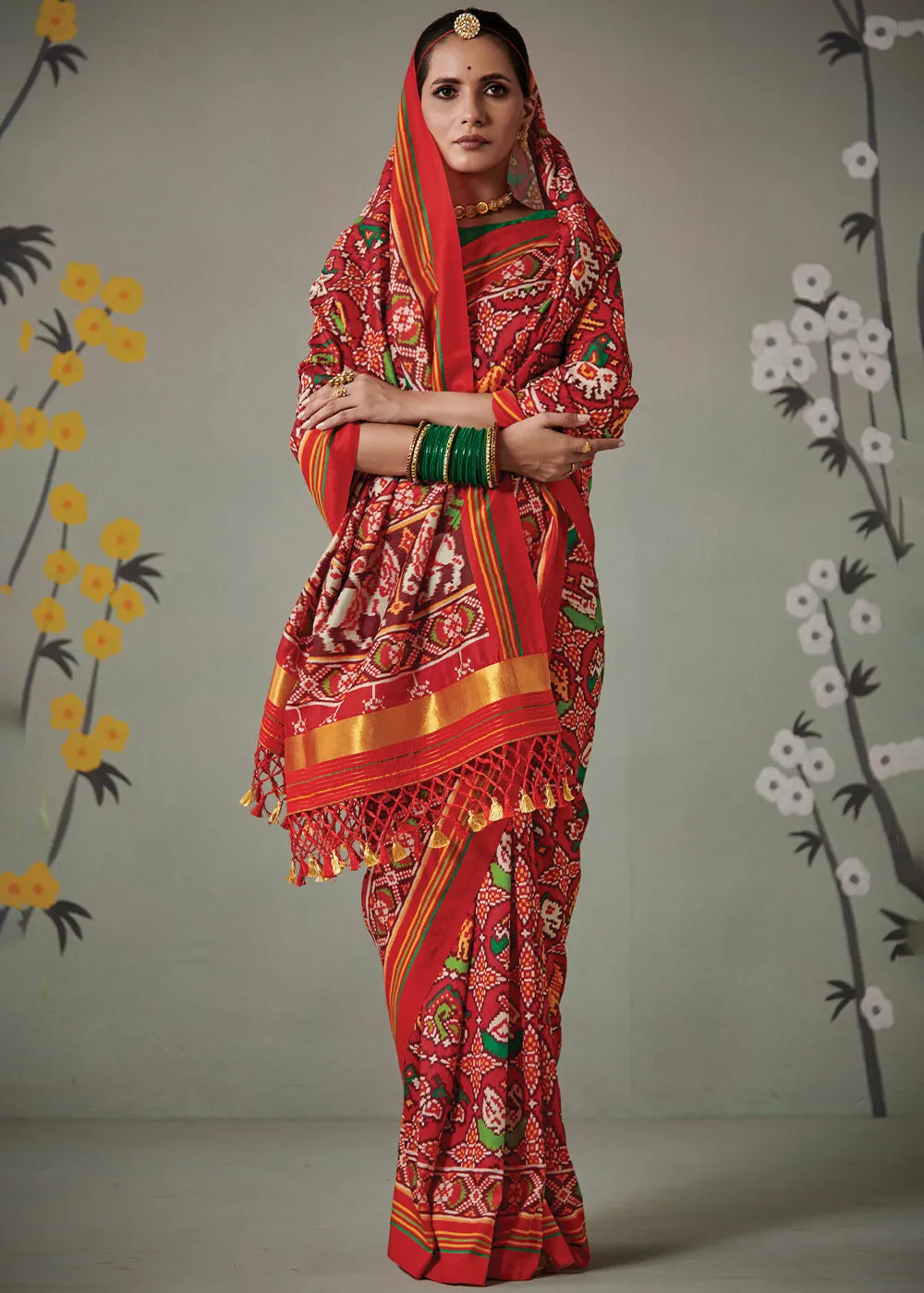 Green & Red Patola Printed Tussar Silk Saree