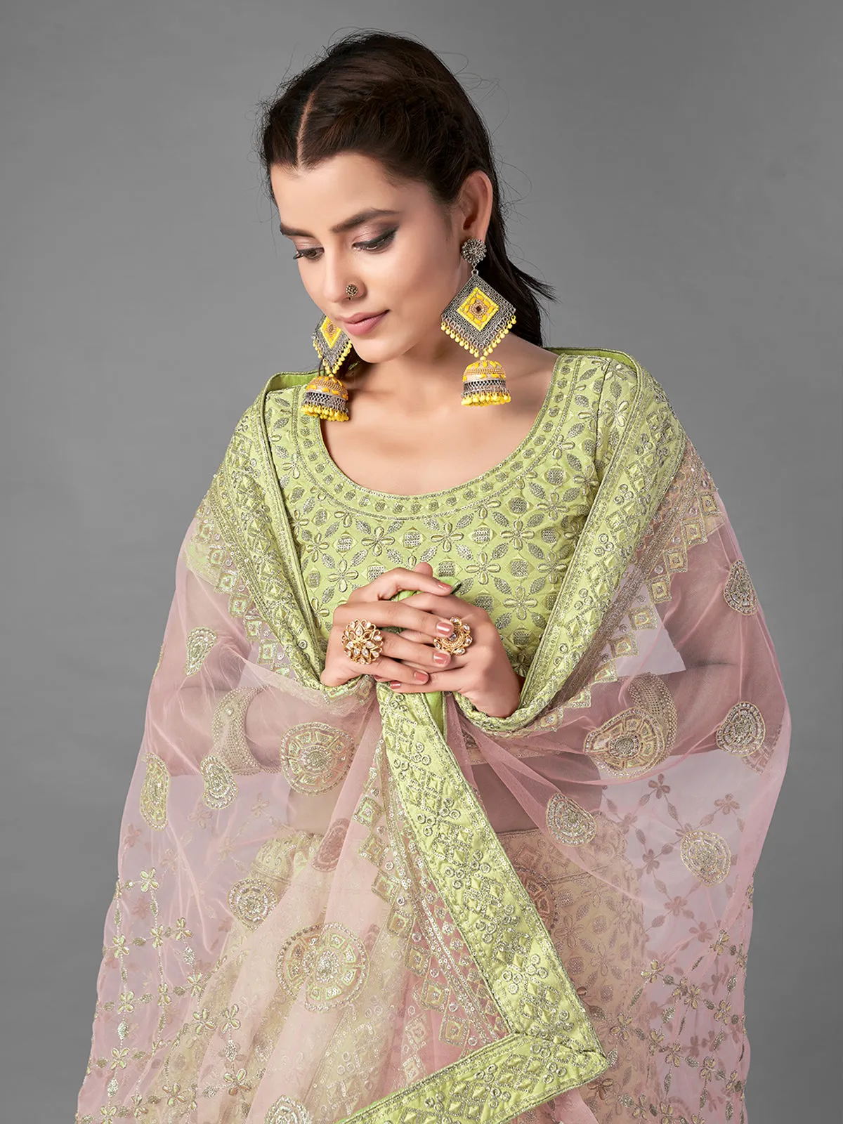 Green Embroidered Art Silk Semi Stitched Lehenga With Unstitched Blouse
